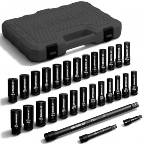 1/2 Drive Impact Socket Set 29-Piece Cr-V-M Steel Deep Socket SAE(3/8 - 1) & Metric(10-24mm) Sizes with Extension Bar with Storage Case