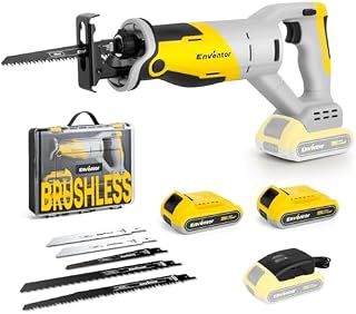 Enventor Brushless Reciprocating Saw, 20V Cordless Reciprocating Saw with 2x2.0Ah Battery, 0-3000RPM Variable Speed Electric Saw, 5 Blades, 22mm Stroke Length, Ideal for Wood and Metal Cutting