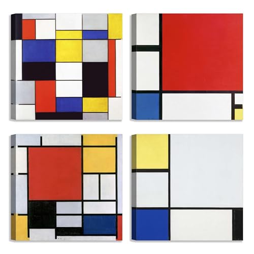 LuxHomeDecor Set di 4 quadri 30x30 cm – stampa su tela con telaio in legno – Piet Mondrian - composizioni geometriche in rosso, giallo, blu e nero – stile moderno per arredamento casa