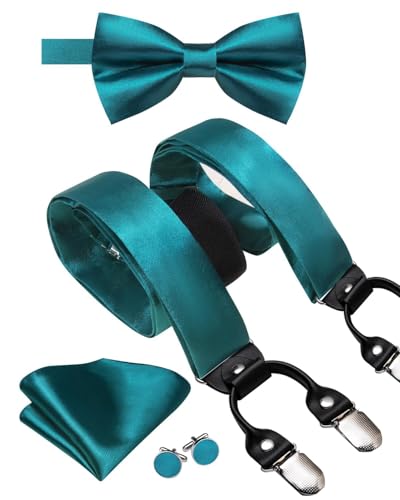 Image of Hi-Tie Men Suspender Bowtie Set Suspenders Pre-tied Bow Tie Pocket Square Cufflinks Adjustable Y Shape 6 Clips Braces Tuxedo