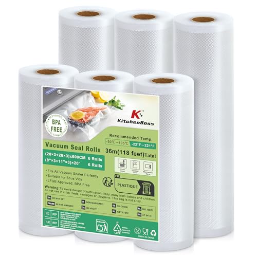 KitchenBoss Sacs Sous Vide Alimentaire 6 Rouleaux：28 x 600 cm + 20 x 600 cm, Rouleau Sous Vide Alimentaire pour Machine Sous Vide des Aliments et la Cuisson...