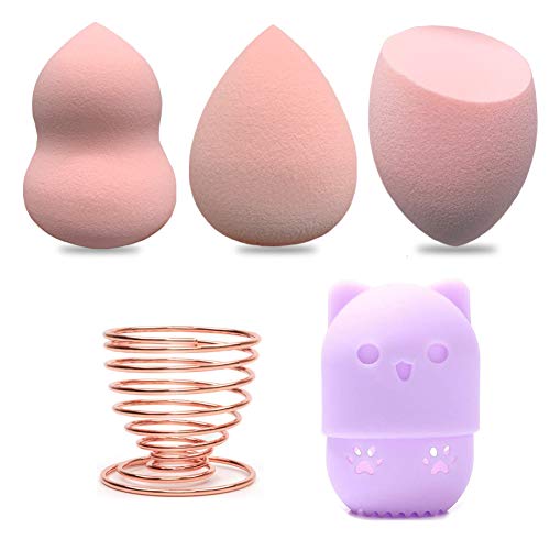 Makeup Puff Sponge Blender Set: 3 White Makeup Sponges, 1 Beauty Sponge Silicone Suitcase, 1 Makeup Sponge Drying Rack. (Set of 5)