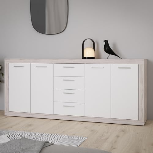 Forte BACCIO Sideboard 200, Moderne Kommode für Wohn-/Schlafzimmer, 4-türig, 4 Schubladen, Holzwerkstoff, Sandeiche Holzdekor|Weiß, 197,1 cm breit x 91,9 cm hoch x 41 cm tief
