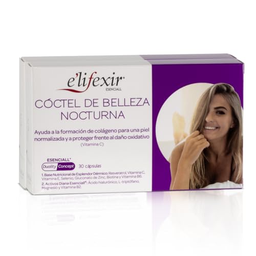 Elifexir Esenciall Cóctel de Belleza Nocturna, Cápsulas de Ácido Hialurónico y Vitamina C, Ayuda a la Formación de Colágeno y Protege del Daño Oxidativo, 60 Cápsulas