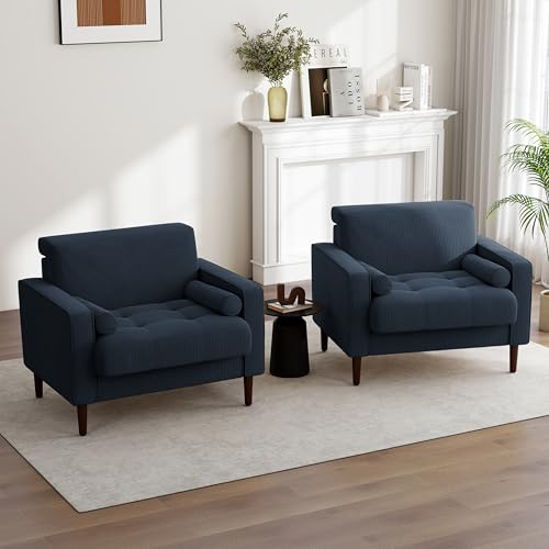 Image of Accent Chair, Corduroy Upholstered Arm Chairs for Living Room, Comfy Armchair Mid-Century Track Armrest Single Sofa Bedroom Reading Seat with 2 Bolster Pillows - Navy Blue, Set of 2