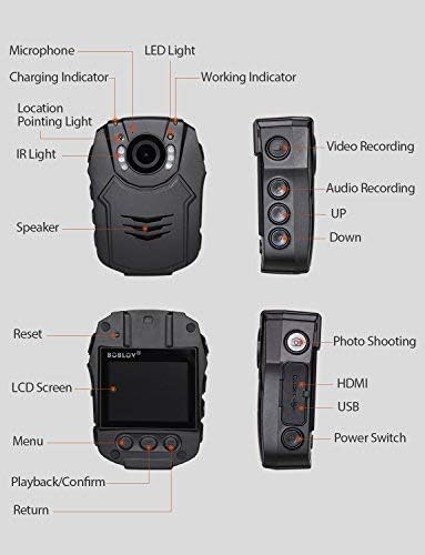 Detailed diagram of the camera's components and controls, including microphone, LED light, charging indicator, IR light, speaker, video recording, audio recording, up/down buttons, reset, LCD screen, menu, playback/confirm, return, photo shooting, HDMI, USB, and power switch.