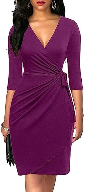Berydress Women's 3/4 Sleeve V Neck Casual Party Work Faux Black Wrap Dress