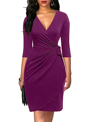 Berydress Women's Classic 3/4 Sleeve V Neck Casual Party Work Faux Wrap Dress (S, 6083-Purple)