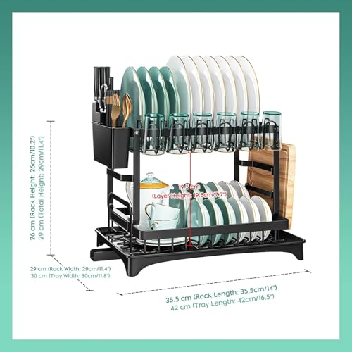 Image of Dish Drying Rack, 2 Tier Space-Saving Dish Rack, Multifunctional Dish Drainer for Kitchen Counter with Drainboard /Utensil /Cup Holder Rustproof Carbon Steel, Black