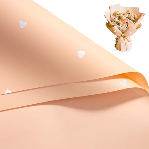 WRAPAHOLIC 20 Sheets Flower Wrapping Paper - 22.4 x 22.4 inch Champagne and Heart Pattern Water-Resistant Floral Bouquet Wrapping Paper, Florist Supplies Packaging for Valentine's Day Wedding