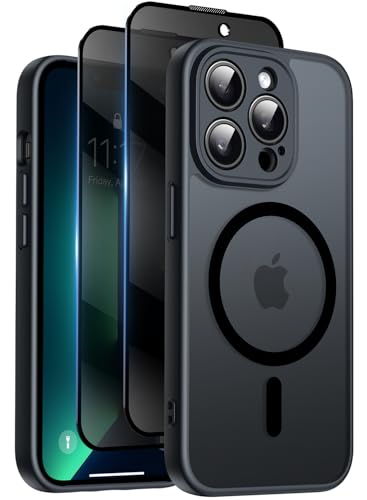 Qasyfanc for iPhone 13 Pro Case with MagSafe, Privacy Screen Protectors X2, [Camera Protection] [15FT Military Drop Protection] Magnetic Translucent Matte Back Shockproof Phone Cover, 6.1", Black