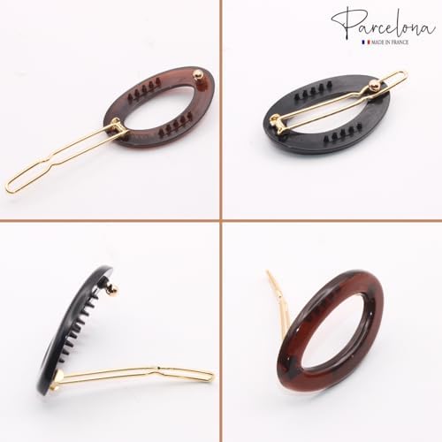 Parcelona French Eggie Oval Shell Black Mini Celluloid Acetate Side Slide Barrette Snap on Hair Clips - 4 Pieces - Image 3