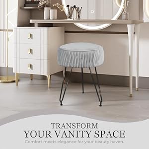 Velvet Vanity Stool Footrests, Round Ottoman Vanity Chairs with Anti-Slip Feet, Dressing Table Seat Foot Stool with Black Legs, Furry Padded Seat Side Table for Makeup Bedroom, Gray Velvet Vanity Stool Footrests Round Ottoman Vanity Chairs with Anti Slip Feet Dressing Table Seat Foot Stool with Black Legs Furry Padded Seat Side Table for Makeup Bedroom Gray