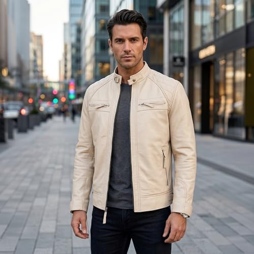 Image of Leather Jacket Men - Real Lambskin Motorcycle Jacket with Snap Tab Collar, Adjustable Waist & Zippered Pockets