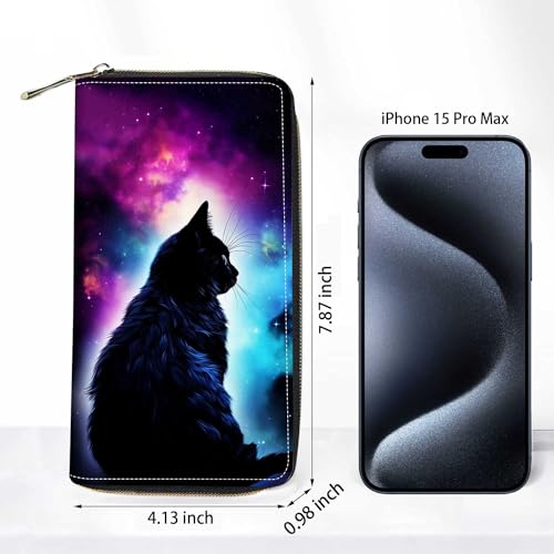 Galaxy Nebula Black Cat Wallet for Women with Credit Card Holder Coin Money Clip PU Leather Zip Around Clutch Wallet2