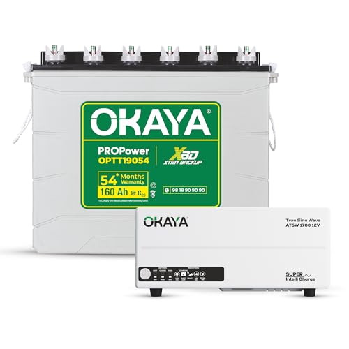 Image of Okaya Inverter with Battery Combo for Home,Office & Shops | ATSW1700 12V True Sine Wave Inverter 1450VA with 36 Months Warranty & OPTT19054 160Ah XBD+ Certified TT Battery with 54 Months Warranty