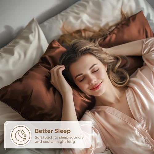 Image of Craftelio Satin Pillow Covers Set of 2 with 3 Free Random Color Hair Scrunchies - Anti-Frizz, Skin-Friendly, Soft & Durable Pillowcase Set for All Hair Types (Brown)