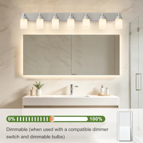 Image of Bathroom Light Fixtures, Brushed Nickel Bathroom Lighting Fixtures Over Mirror, Modern Vanity Light with White Glass Shade, Restroom Lighting Fixtures, 7-Light 54-inch