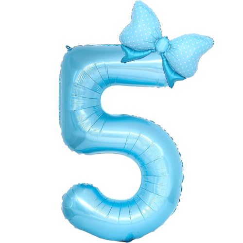 Image of Light Blue 5 Balloon Number Blue Pastel Birthday Decorations Girls, Bow Balloons Foil Mylar Large 40 inch 5 Birthday Balloon for Kids Teenagers Bow Butterfly Coquette 5th Birthday Party Decorations
