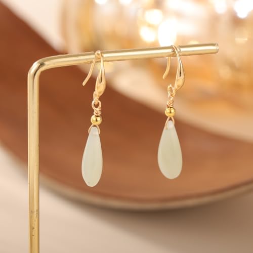 Natural Hetian Jade Earrings for Women, Teardrop Shape Dainty Lucky Green Jade Leaf Charm Pendant Jewelry Earrings, Handmade Ear Stud Earrings for Women Mom Her (925 Sterling Silver with Gold Plated)4