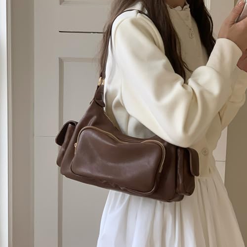PU Leather Vintage Shoulder Bag Solid Color Retro Underarm Bag Large Capacity Cool Girl Sling Bag Travel Shopping Date Handba2