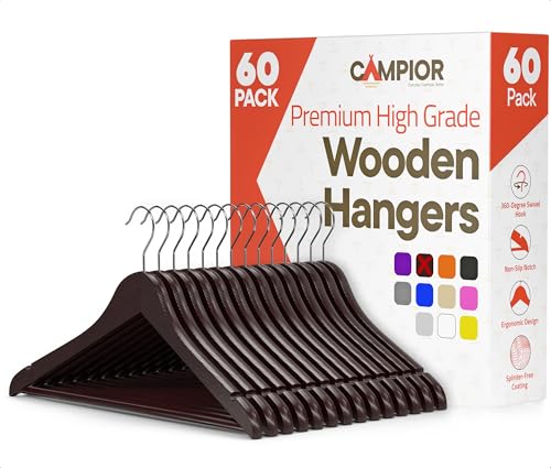 Cherry Wooden Hangers 60 Pack – Heavy-Duty with 360° Swivel