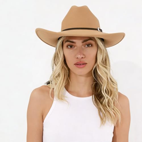 Image of DRESHOW Cowboy Hat for Women and Men Classic Felt Western Hat for Cowboys Cowgirls Wide Brim Belt Buckle Retro Fedora Hats
