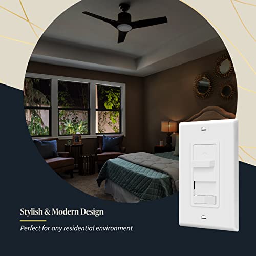 Topgreener Kalide Combo Light Switch With 3-Speed Fan Control, Light And Fan Combination Switch, Single Pole, 2.5A, 720W, Neutral Wire Not Required,Wall Plate Included, Tgsfs3-W, White, 2 Pack #TOP5