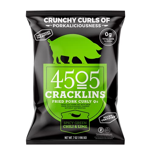 4505 Meats Spicy Green Chili and Lime Cracklins, Fried Pork Rinds, Keto Certified, Family Size Bag, 14 Servings, 7 Ounce