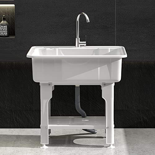 Freestanding Plastic Laundry Sink With Washboard, W31" × D22" × H31.5" Indoor And Outdoor Utility Sink With Cold And Hot Water Faucet, Hoses And Drain Kit For Laundry Room, Garage, Basement, Garden #TOP5