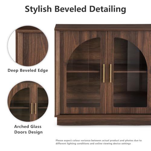 Image of FORTUNETEC 64 inch Sideboard Buffet Cabinet with Arched Glass Doors,Dark Walnut