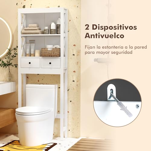 COSTWAY Estante de Almacenamiento sobre Inodoro, Organizador de Baño Independiente con Estantes Abiertos, Cajones y Barra Inferior Ajustable, 60 x 20,5 x 165 cm, Blanco - imagen 6