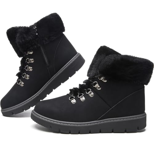 hash bubbie Women's Winter Boots Ankle Booties for Women Warm Fuzzy Boots Lace up PU Leather Snow Boots with Zipper(Black.US7)