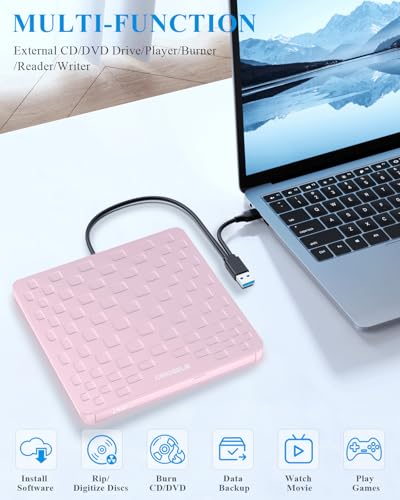 Image of External CD DVD Drive for Laptop, USB 3.0 Type-C Ultra Slim 13mm DVD Player Portable CD DVD + /-RW Drive CD Burner Reader Writer Recorder for Desktop PC Windows 11 /10 /8 /7 Linux Mac OS (Pink)