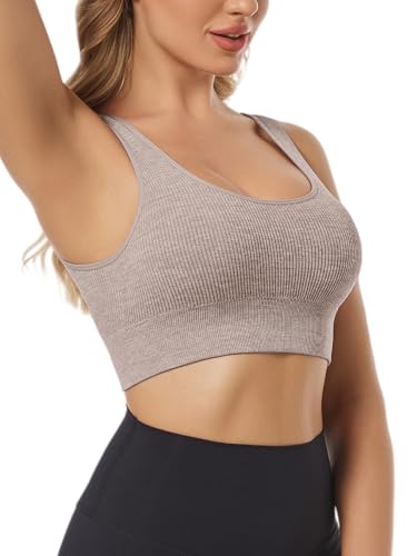 Image of Chilylori Seamless Sports Bras for Women Pack of 3 Ribbed Sports Bra Workout Tops Cropped Tank Top Comfort Padded Yoga
