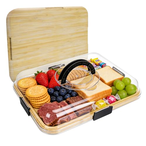 Listado de Palas para servir quesos para comprar online. 42 Tabla de Quesos con Tapa Transparente Antipolvo, Tabla Charcuteria Portátil con Asa y Seguro, 6 Divisiones, Reversible de Bambú - Ideal para Picnics, Fiestas, Camping y como...