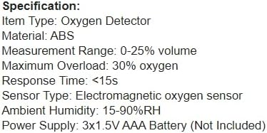 Image displaying detailed specifications for an oxygen detector, including item type, material, measurement range, and power supply.