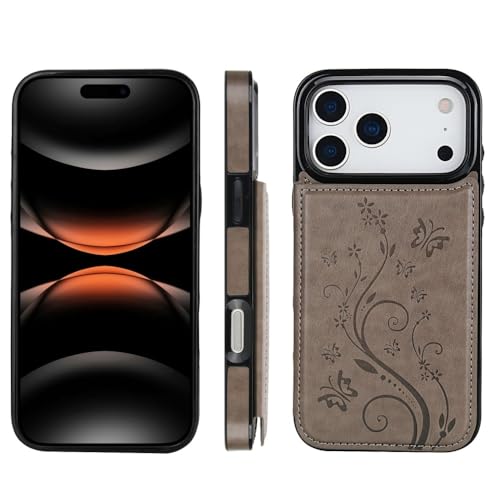 Étui portefeuille iPhone 16e gris motif papillon en cuir avec porte-cartes