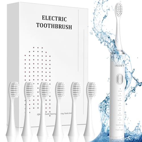 IKERY 電動歯ブラシ軽便 IPX7 防水歯ぶらし 柔らか 振動式歯磨き ブラシヘッド6本 USB充電式 8つのモード デンタルケア 歯周病予防 口内ケア 旅行外出携帯用 初心者向け（白）