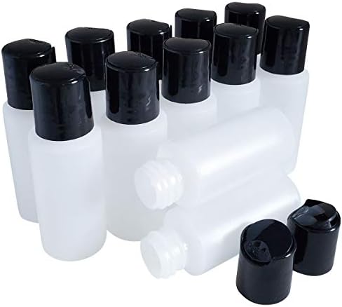 Kelkaa 1oz HDPE Durable Plastic Travel Size Bottles with Black Press Disc Top Cap Natural Clear Containers for Any Liquid Products, Multi Purpose Refillable Empty Bottles (Pack of 12)