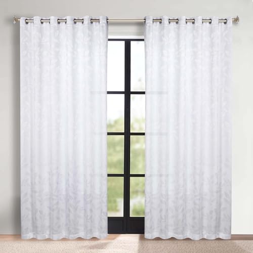 Superior Semi Blackout Curtains - Modern Leaves - 70" x 96" - Grommet Header - Thermal Insulated, Sun Blocking & Room Darkening Drapes for Bedroom, Living Room - Set of 2 Panels - White/White