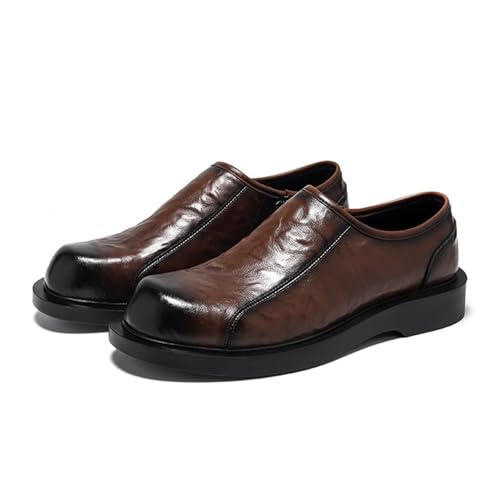 Men's Leather Platform Loafers with Side Zipper Comfort Round Toe Non Slip Slip-On Casual Shoes Work Business Wedding Dress Shoes