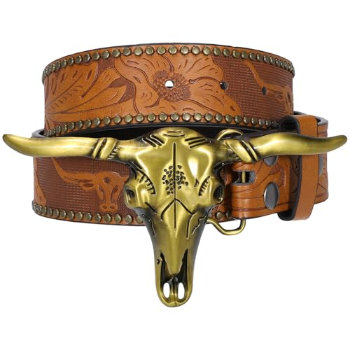 WOWOGO Western Cowboy Cowgirl Belt for Men and Women Engraved Floral Longhorn Bull Cow Skull Buckle Belt