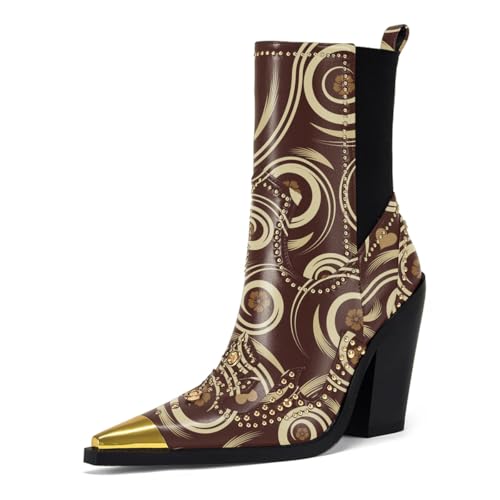 Zszszsu Women's Pointed Cap Toe Mid Calf Boots Chunky Block High Heels Studded Elegant Party Dress Chelsea Boots Shoes Size 4-16 US