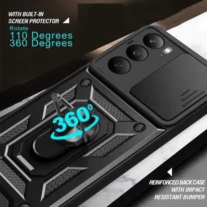 Image of SPAZY CASE Realme C73 5G Back Cover | Heavy Duty Hybrid Case with 360 Degree Rotating Finger Ring Holder + Slider Shutter Camera Protection Case for Realme C73 5G - Black