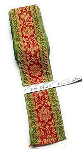 Image of Banarasi Brocade Silk Lace Border 9 Meter x 3.5 Inch Width, Golden Woven Zari Floral Jacquard Decorative Trim Ribbon for Saree Blouse Lehenga Dupatta Dress Kurti Craft Sewing Home Decoration (Green x Red, 9 meter)