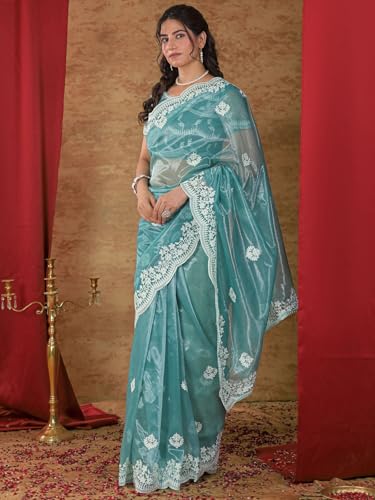 Image of Satrani Women's Net Embroidery Saree with Unstitched Blouse Piece