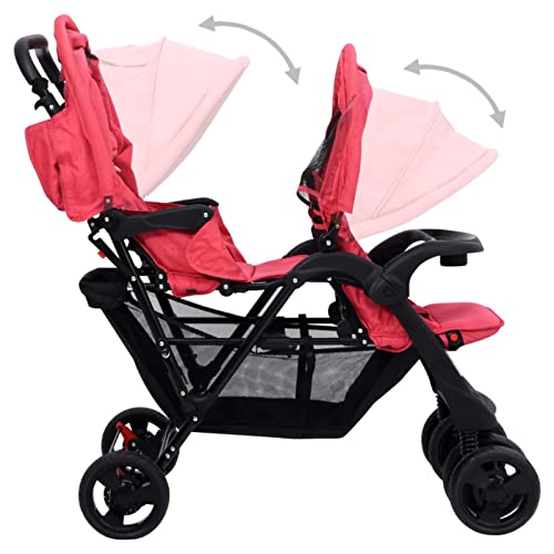 Tidyard Geschwisterwagen Zusammenklappbar Doppelkinderwagen Kinderwagen Zwillingswagen Zwillingsbuggy Buggy Rot Stahl