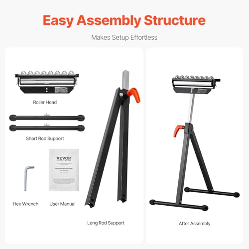 VEVOR 3-in-1 Rollenständer, 136 kg, 68–108 cm höhenverstellbar, Rollenbock mit 29,2 cm poliertem, multidirektionalem Rollenkopf, für Tischkreissägen-Auslauf, Holzbearbeitungs-Verlängerungsstütze