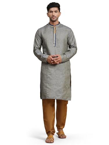 Image of SKAVIJ Men's Brocade Silk Embroidered Kurta Pajama Set Thread Work Festive Party Ethnic Dress